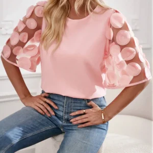 Summer and Autumn fashionable Solid Color Lace long sleeved round neck Tops blouse shirt for women