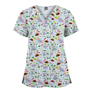 Wholesale Polyester Spandex Uniforms Beautiful Hospital Scrubs Tops Women Nurse Printed Scrub Top Healthcare Nursing Scrub Shirt