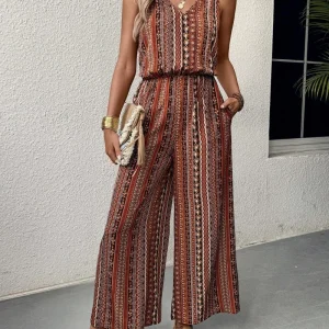 Women's Striped Print Jumpsuit - Sleeveless Romper with Elastic Waist, Summer Casual Wide Leg Pantsuit