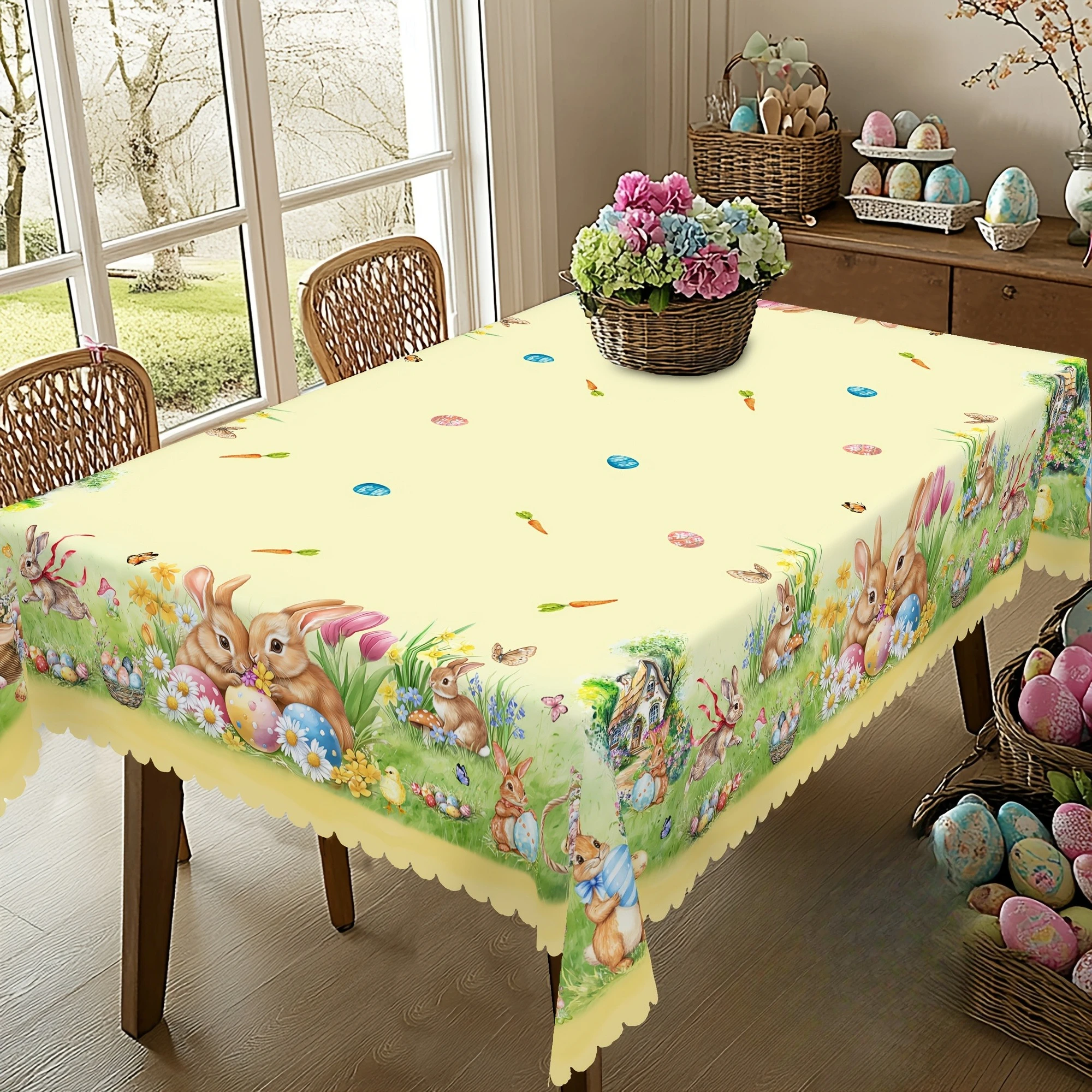 Easter Bunny Eggs Flowers Tablecloth for Table Decor Spring Tulip Daisy Floral Rectangle Dining Table Cloth Easter Decorations - Image 2