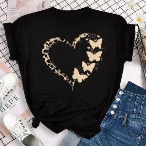 New Fashion Women T-shirt Colorful Butterfly Petal Print Short Sleeve and Round Neck Cute Graphic Tee Shirts Female Tops Clothin