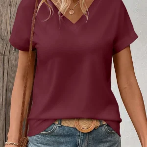 Women's Solid Color V-Neck T-Shirt - Oversized Short-Sleeve, Curved Hem, Soft Fabric, Available in Black, Gray & Navy