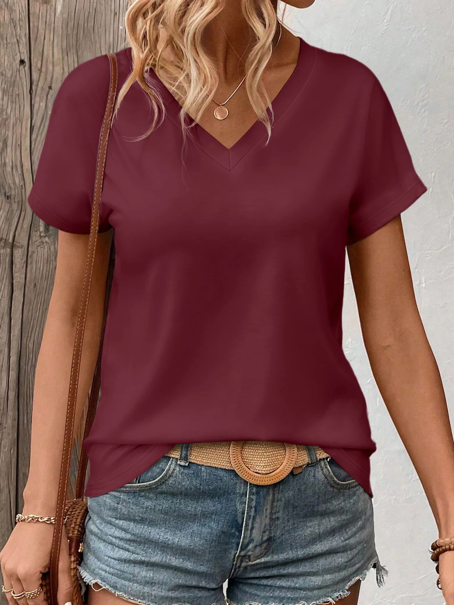Women's Solid Color V-Neck T-Shirt - Oversized Short-Sleeve, Curved Hem, Soft Fabric, Available in Black, Gray & Navy - Image 4