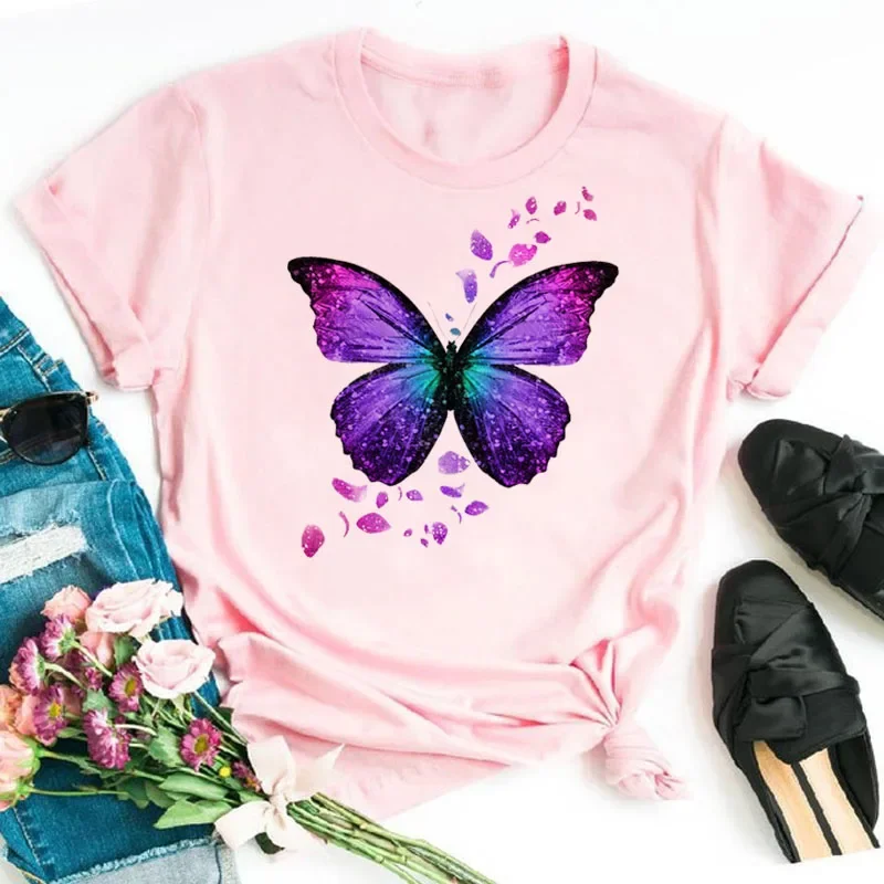 New Fashion Women T-shirt Colorful Butterfly Petal Print Short Sleeve and Round Neck Cute Graphic Tee Shirts Female Tops Clothin - Image 26