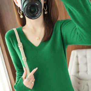 Women's Sweater 2025 Autumn Winter Knitted Pullovers V-neck Slim Fit Bottoming Shirt Solid Soft Knitwear Jumpers Basic Sweaters