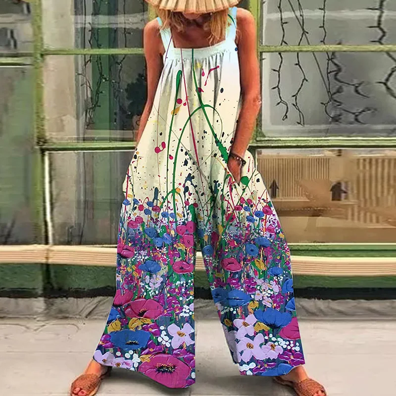 Loose casual lazy wind oversize print suspenders one-piece pants 2024 summer new straps broad leg one-piece pants woman - Image 8