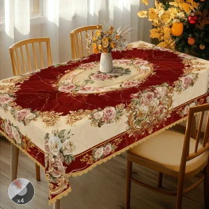 1 Piece of Retro Floral Theme Tablecloth, Marble Shading and Red and Gold Rose Pattern Design, Rural Farmhouse Style, Suitable for Camping Style Picnic, Christmas Holiday Party, Garden Birthday Party Decoration, Kitchen Accessories, Restaurant Terrace, Indoor and Outdoor Tablecloth, Perfect Gift for
