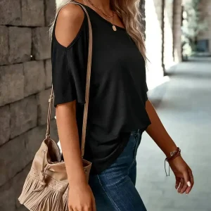 Women's Black Off Shoulder T-Shirt Asymmetrical Neck Batwing Short Sleeve Loose Fit Casual Spring Summer Daily Commuting Top