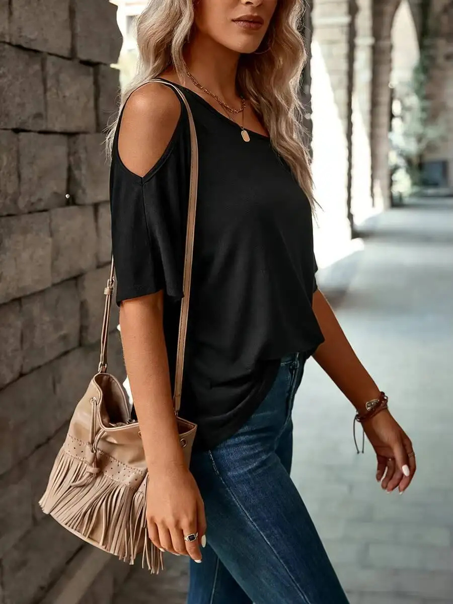 Women's Black Off Shoulder T-Shirt Asymmetrical Neck Batwing Short Sleeve Loose Fit Casual Spring Summer Daily Commuting Top - Image 5