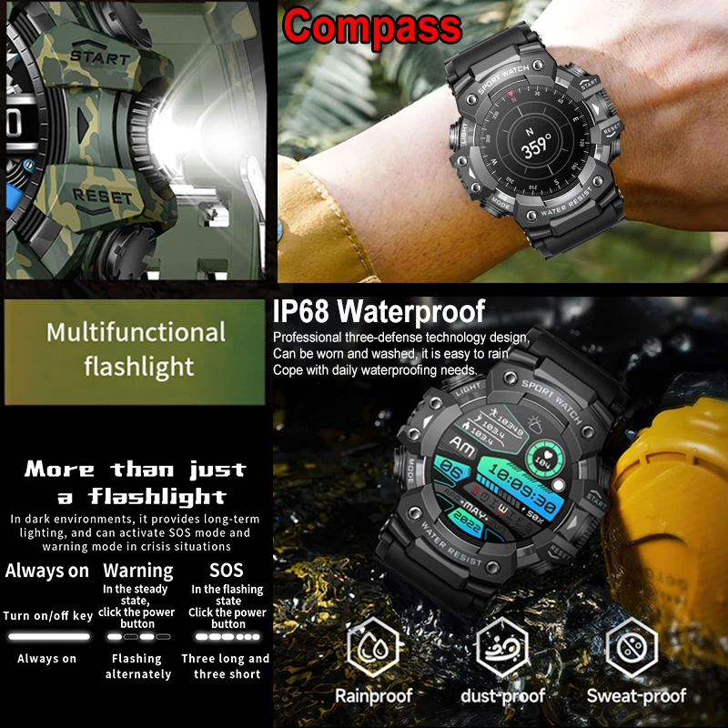 2026 New Military Outdoor Smart Watch Men 100+Sports Fitness Compass Heart Rate Bluetooth Call IP68 Waterproof Rugged Smartwatch - Image 4