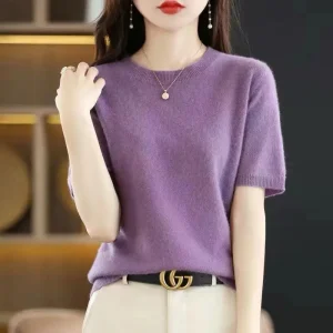 Spring and Summer New Short-sleeved Women O-neck Slim Wool Cotton Blend Pullover Vest T-shirt Knitted Base Sweater
