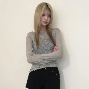 Karrram Japanese Y2k Letter Print Knitted Tops Korean 2000s Long Sleeve Knit T-shirt Vintage Harajuku Streetwear American Retro