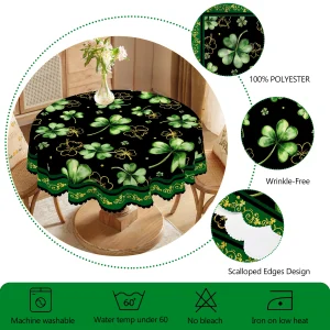 1 Piece of Clover Green Round Tablecloth, 5 Sizes Available, St. Patrick's Day Clover Pattern Printed Tablecloth, Edge Embossing Process, Spring Garden Tablecloth Decoration, Tablecloth for Daily Home Kitchen, Terrace, St.Holiday Decoration, Spring Decoration