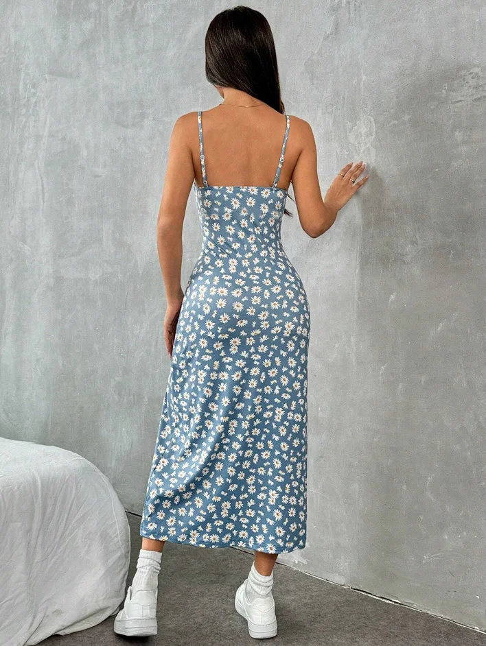 Fall 2025 Long Dress Strapless Wrap Chest High Slit Daisy Leopard Print Wrap around Skirt Maxi Dress - الصورة 5