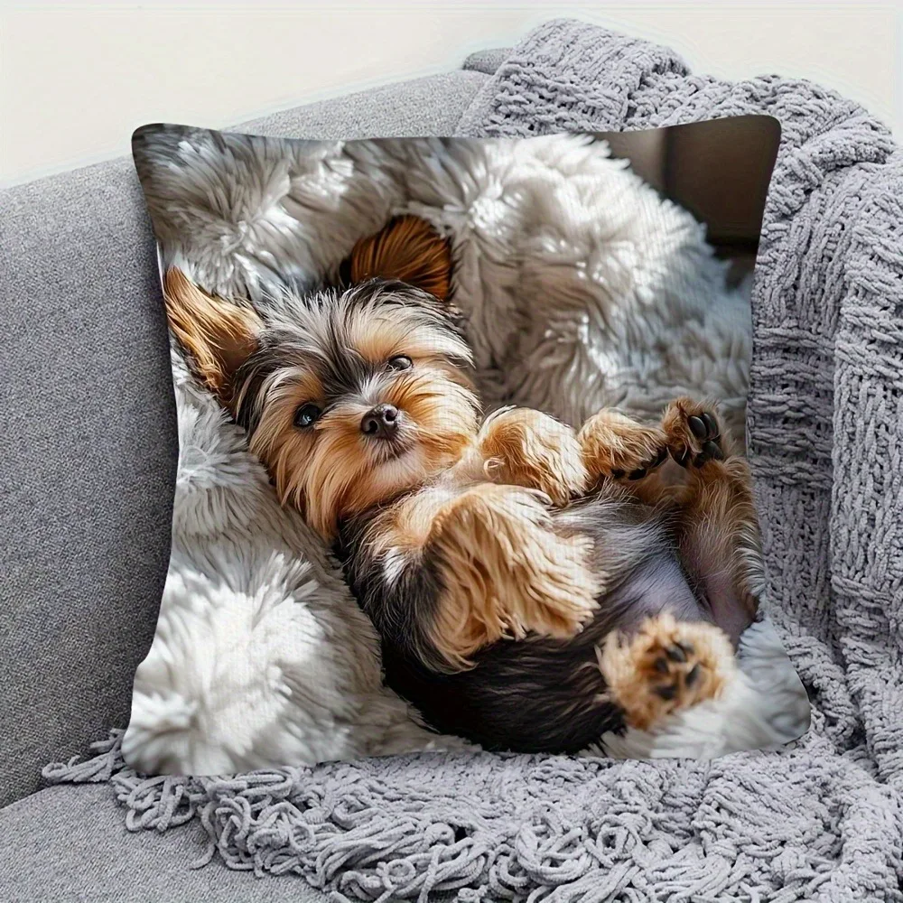 Cute Yorkie Puppy Printed Pillowcase for Comfy Decor Sofa Cushion Cover, Home Room Dormitory Decoration, 2D Printing - الصورة 2