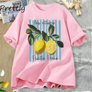 Summer Lemon T-shirt Vintage Cottagecore French T Shirt Cotton Lemon Tee Shirt Vacation Beach Tshirt Casual Short Sleeve Tops