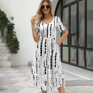 2024 Europe and the United States summer new women's fashion elegant printed round neck short sleeve zipper dress