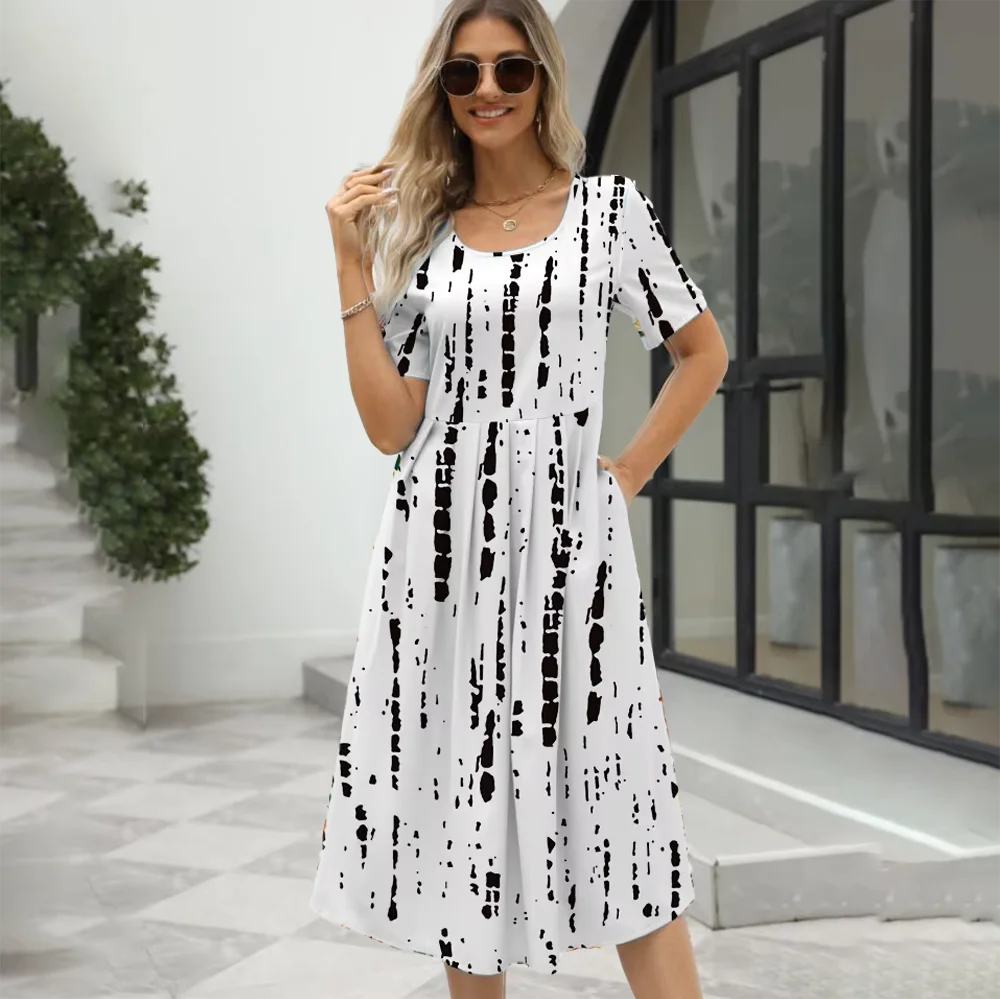 2024 Europe and the United States summer new women's fashion elegant printed round neck short sleeve zipper dress - Image 2