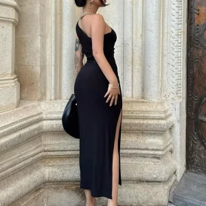 Women Maxi Dresses Sexy Split Black Sleeveless Backless Slim Dress Summer Female Fashion Off Shoulder Club Elegant Party Dresses