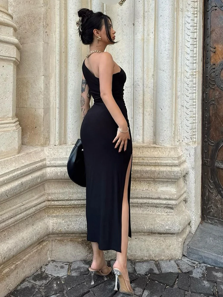 Women Maxi Dresses Sexy Split Black Sleeveless Backless Slim Dress Summer Female Fashion Off Shoulder Club Elegant Party Dresses - الصورة 2