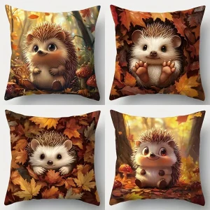 1pc Autumn Cute Hedgehog Maple Leaf Printed Pillowcase Thanksgiving Decorative Pillowcase Ideal Gift