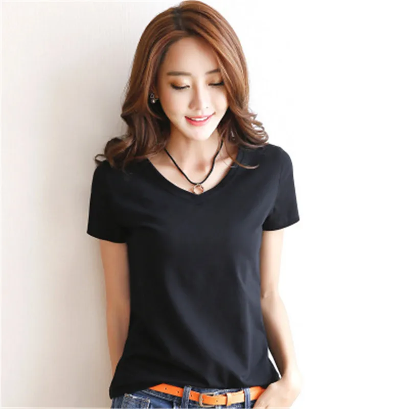 Solid Women Cotton T-shirt V-Neck Short Sleeve Female Tee Slim White And Balck T-Shirt Casual Solid Lady Tshirt Tops - الصورة 2