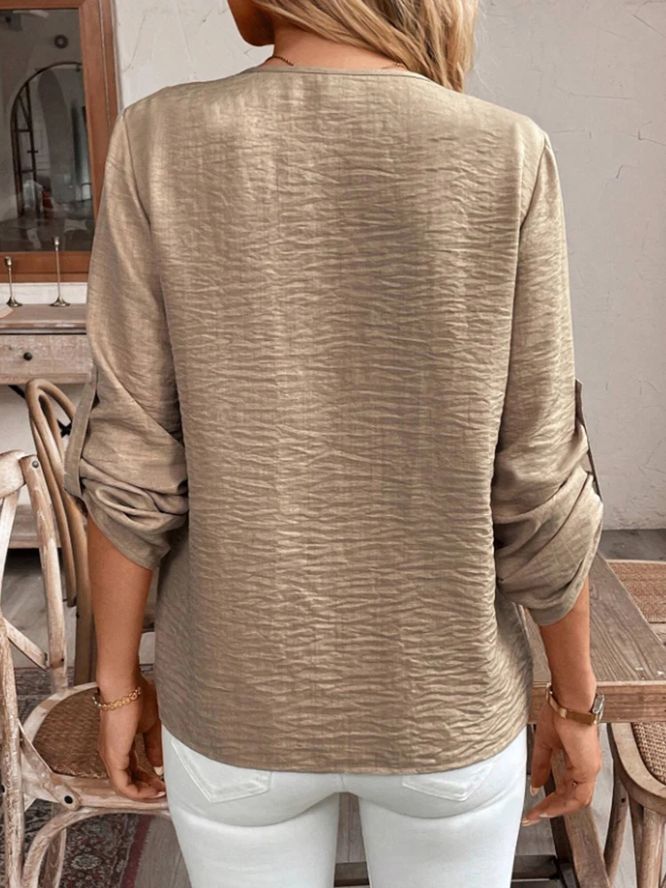 Ladies Elegant Simple V-Neck Commute Pure Color Cuffed Sleeve Casual Sophisticated Shirt Office Wear Casual Fashion - Image 2