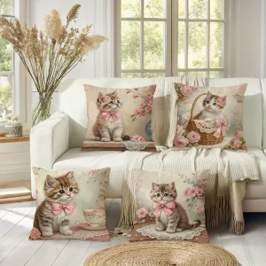 Adorable Kitten-Printed Pillowcases with Pink Bows and Floral Patterns Sofa cushion cover home room decoration 2D flat printing