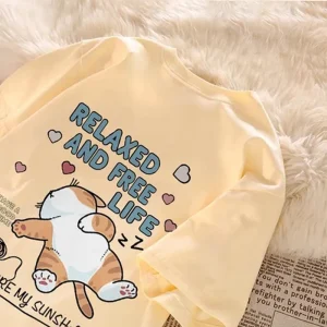 Cute Cartoon Lazy Cat Letter Print Summer Couple Short Sleeved T-shirt Loose Casual Women's Top