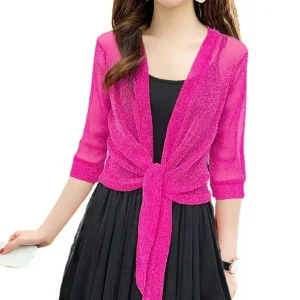 Women's Sparkling Lace-Up Cardigan Summer Sheer Cover Up Lightweight Loose Blouse Half Sleeve Beachwear Casual Glitter Jacket