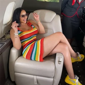 Women Panelled Striped Knitted Hollow Out Mini Dress Casual Tank Sleeveless Bodycon Hot Girl Streetwear Outfit
