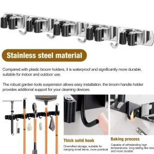 Wall Mount Broom Holder Stainless Steel 5 Racks With 4 Hooks Mop Broom Organizer Heavy Duty Laundry Room Garage Storage Hanger