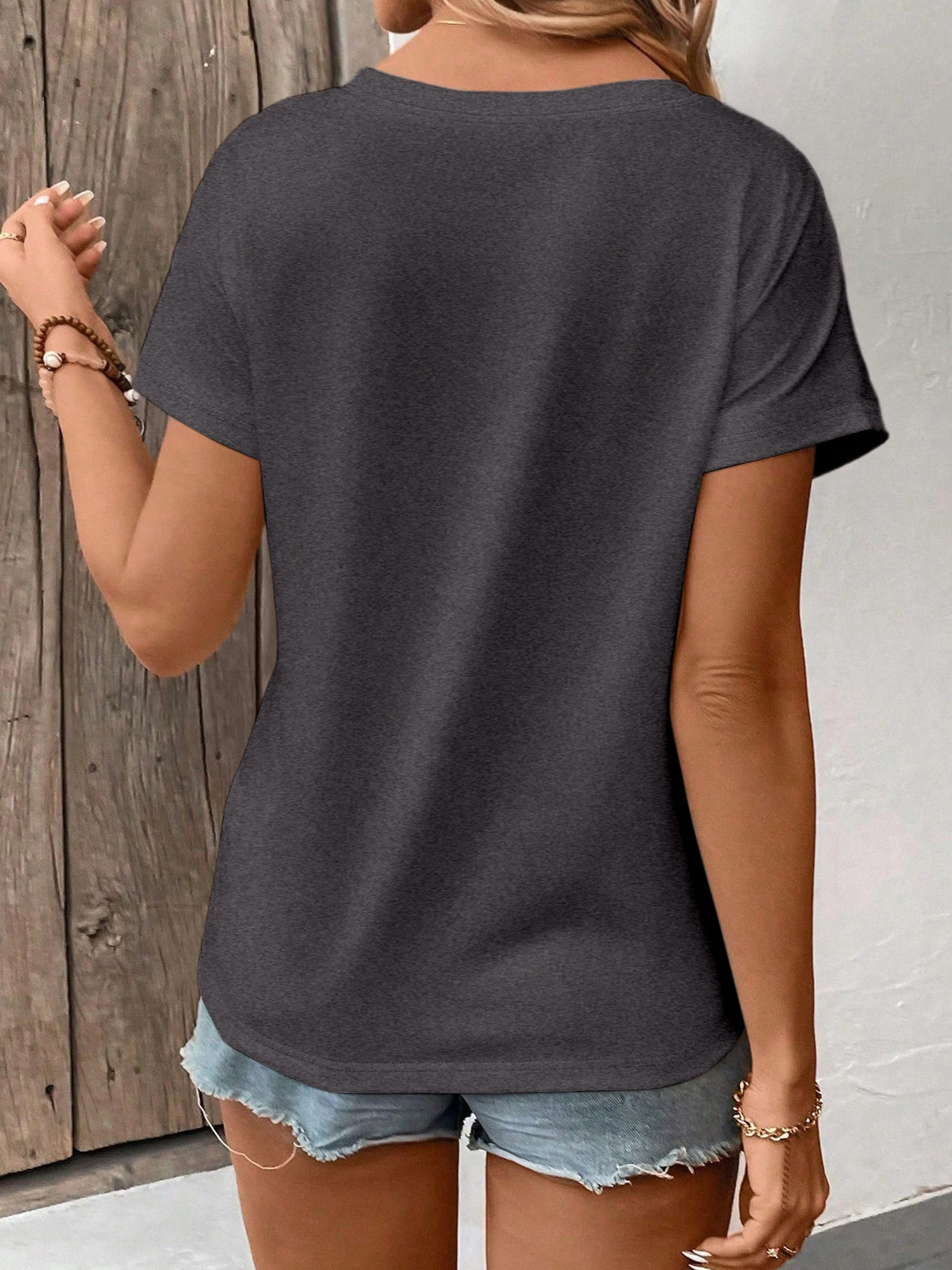 Women's Solid Color V-Neck T-Shirt - Oversized Short-Sleeve, Curved Hem, Soft Fabric, Available in Black, Gray & Navy - Image 6