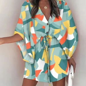 Women Print Dress Sexy V-Neck Bat Sleeve Ruffl Flowers Print Bohemian Beach Sundress Ladies Loose Summer Vacation Mini Dresses
