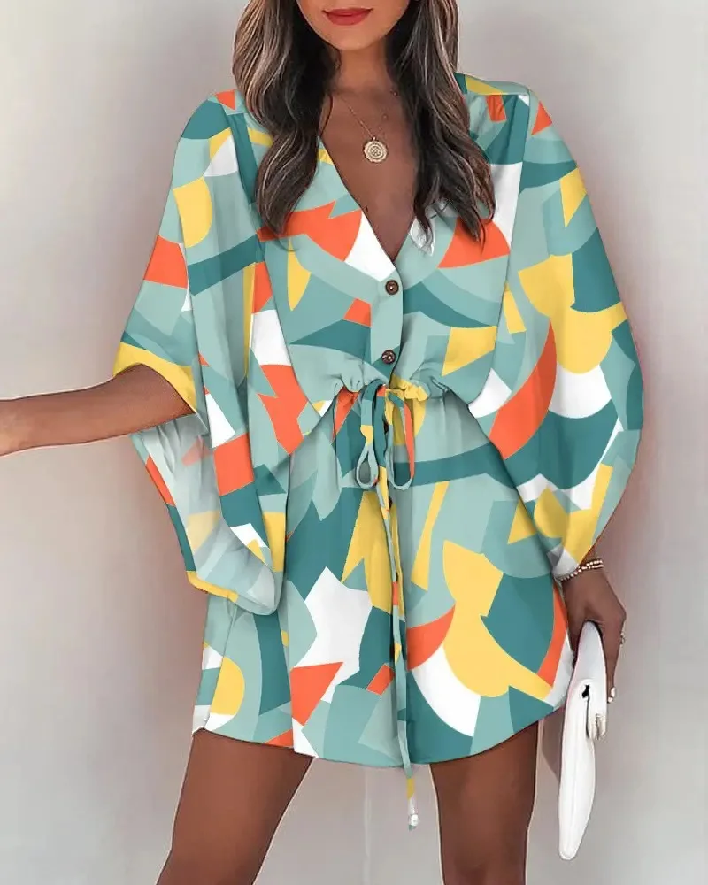 Women Print Dress Sexy V-Neck Bat Sleeve Ruffl Flowers Print Bohemian Beach Sundress Ladies Loose Summer Vacation Mini Dresses - Image 4