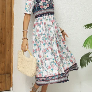 2024 Europe and America autumn ladies round neck short sleeve long skirt Bohemian print dress woman
