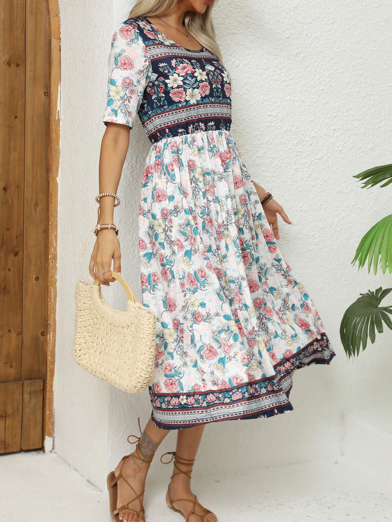 2024 Europe and America autumn ladies round neck short sleeve long skirt Bohemian print dress woman - Image 6