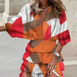 Women's Sport Dress V-Neck Loose Batwing Sleeve Elastic Waist Printed Dress Mini Casual Ruffle Hem Dresses