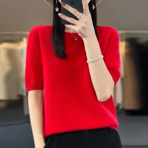 100% pure wool women's round neck sweater short sleeve seamless loose knit half sleeve bottoming sleeve.