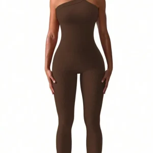 Women Knit One Shoulder Yoga Jumpsuit Solid Color Workout Ribbed Sport Jumpsuits Casual One Piece