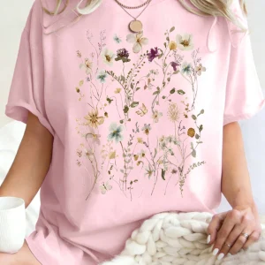 Beautiful Flower Clusters Printing Woman T-Shirt Summer Oversized Short Sleeve O-Neck Cotton T Shirts Y2K Women Sports Tops