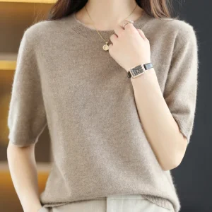 New Short-sleeved Knitwear Women O-neck T-shirt Wool Cotton Blend Pullover Vest Sprig Summer Bottoming Tops Sweater Solid Soft