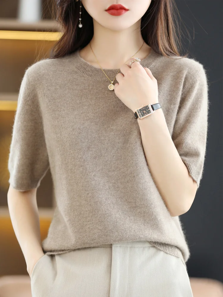 New Short-sleeved Knitwear Women O-neck T-shirt Wool Cotton Blend Pullover Vest Sprig Summer Bottoming Tops Sweater Solid Soft - Image 9