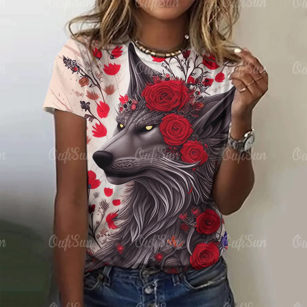 New T-shirt For Women Wolf Print Tees O Neck Loose Short Sleeve Blouse Female Fashion Animal Graphic Tops Harajuku Streetwear - الصورة 12