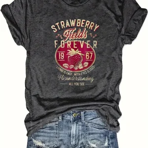 Harajuku Strawberry Fields Forever Letter Print Women T Shirt Short Sleeve Crew Neck Summer Casual Top for Women Clothes Shirts