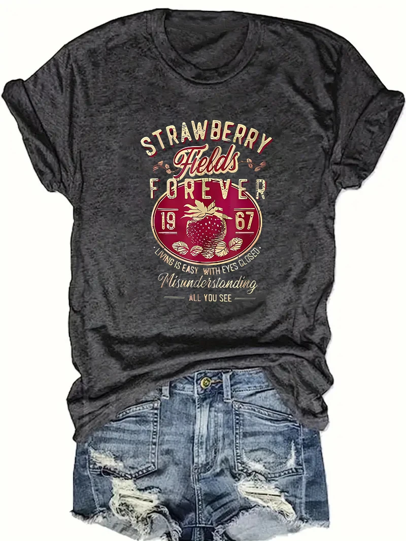 Harajuku Strawberry Fields Forever Letter Print Women T Shirt Short Sleeve Crew Neck Summer Casual Top for Women Clothes Shirts - الصورة 4