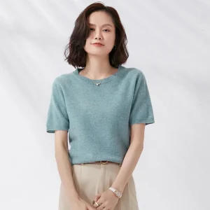 Spring and Summer New Short-sleeved Women O-neck Slim Wool Cotton Blend Pullover Vest T-shirt Knitted Base Sweater