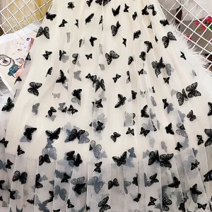 Butterfly Flocking Tulle Long Skirt Women Aesthetic Casual A Line Elastic High Waist Midi Mesh Skirt Female Black