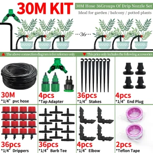 Garden 1/4'' Drip Irrigation Kit Automatic Watering System Nozzles for Farmland Bonsai Plant Flower Vegetable Greenhouse
