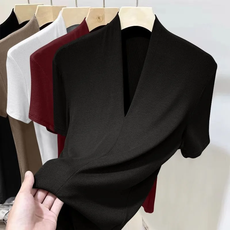 Threaded New Short Sleeved Top for Women Summer Fashion Versatile Base Shirt Plus Size Slim Fit V-neck T-shirt Casual and Sexy - الصورة 2